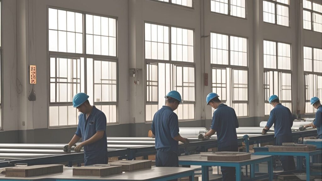 窓ガラスフィルムを施工した工場内で快適に作業する作業員たち